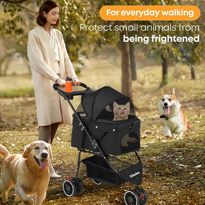 Pet Stroller,Dog Stroller for Small Medium Dogs Cats,3 Wheels,Black | Foldable,with Breathable Mesh Canopy,Cup Holders,Easy Assembly