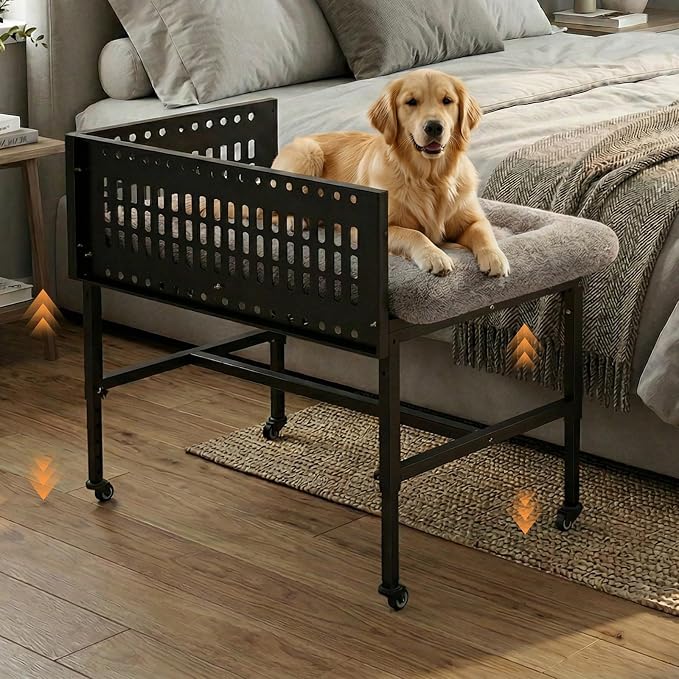 Beside Dog Bed,2 Panels Adjustable Height Dog Bunk Beds,41.3”x27.5” Metal Frame & Cushion, Converts to Bunk Bed or Bed Extension Attachment for Human Bed, for Large Dogs