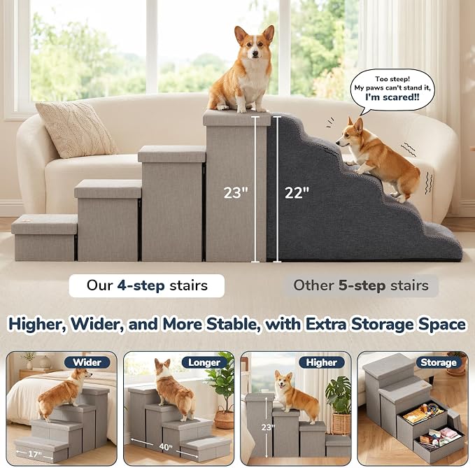 4-Step Wide Dog Stairs with Storage 23" H, Non-Slip Sturdy Pet Steps for High Bed Couch Window, Pet Stairs for Small/Medium/Large Old Dogs Cats Up to 220lbs, Cat Dog Steps for Car, Light Grey