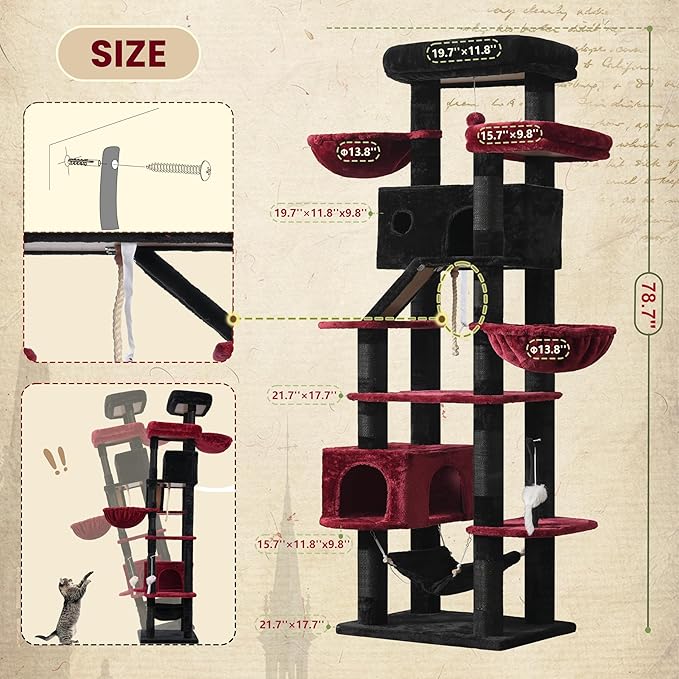 Gitelsnour Gothic Cat Tree for Large Cats, 78.7"(200cm) Tall Cat Tower for Indoor Cats Multiple Cats with Large Top Perch, Cat Condo, Cat Hammcok, Cat Scratching Post, Black and Red GCT031BR