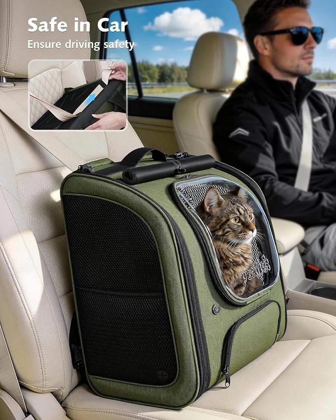 Pecute Cat Backpack Carrier,Large Space Cat Bubble Backpack,Ergonomic,Green | XXL,Sunshade Curtain,Transparent Window,Safety Rope,Sturdy,Large Mesh on Both Side for Breathability,Suitable for Outdoor,Vet