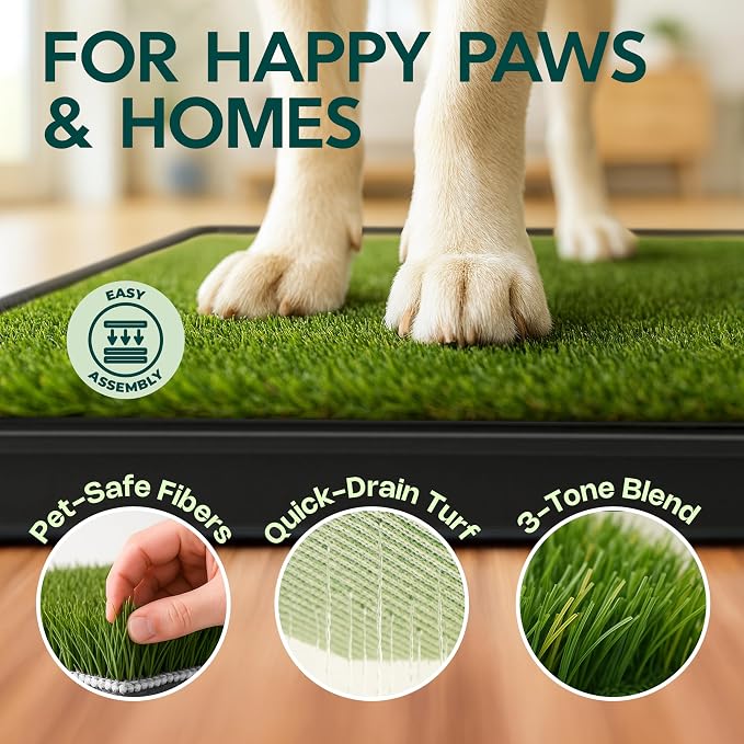 Dog Grass Pad with Tray 23”x35” – Artificial Pet Grass Patch for Dogs’ Potty with 2 Pcs of Washable Pee Pads & Puppy Potty Tray – Dog Litter Box Indoor & Outdoor for Puppy Training