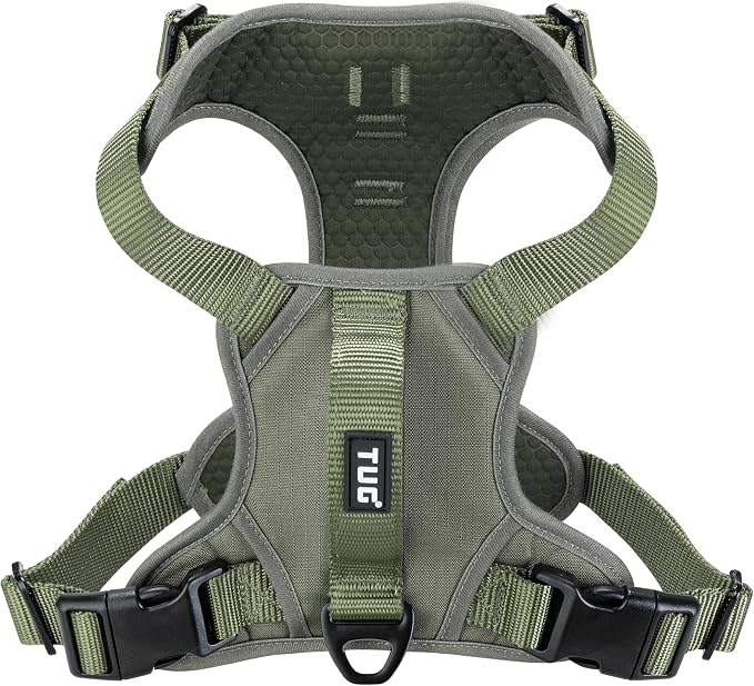 TUG No-Pull Dog Harness, 2 Leash Clips + Padded Handle (Large, Green) | Water-Resistant Padded Interior | No-Pull Front Clip | Padded Back Handle | Adjustable Straps