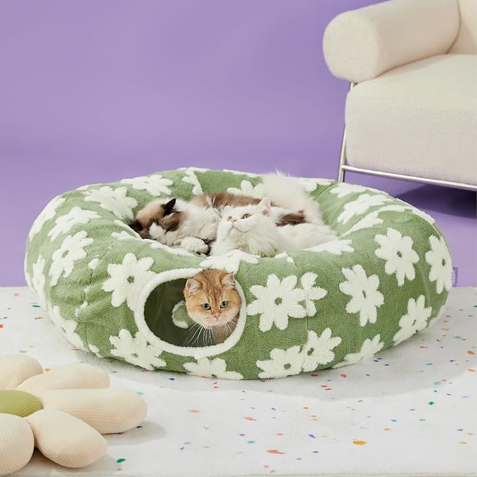 Lesure Donut Cute Jacquard Large Cat Tunnel Bed Kitten Toys for Dog Bunny | 39.5x39.5x10in,Round Large Cat Bed Tube for Multi Kittens,Pet Peekaboo Cave Toy,Spiral Hideaway,Washable Cushion,Green