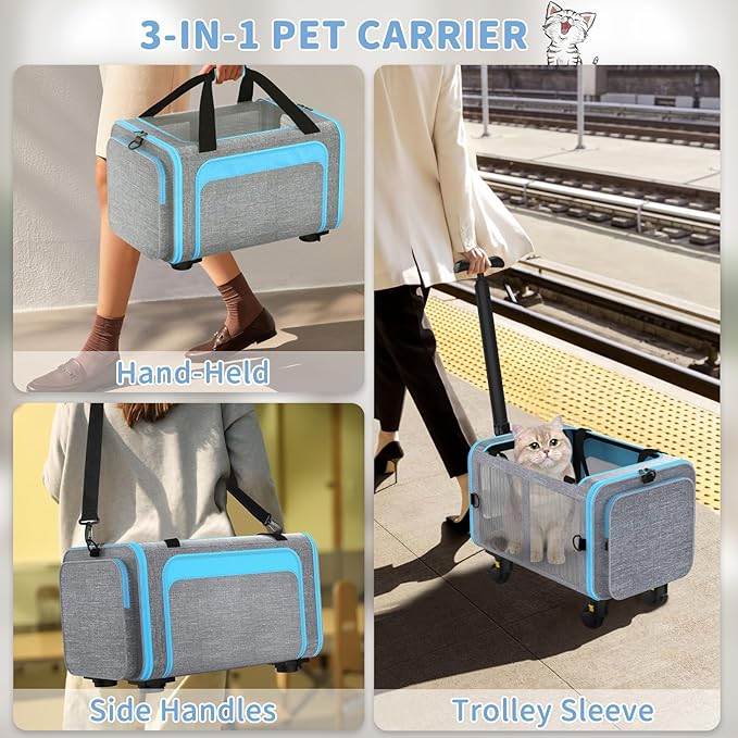 Airline Pet Carrier with Wheels, 18x11x11 for Cats & Toy Dogs | Soft-sided nylon under-seat bag, removable wheels, expandable mesh, cats & toy-breed dogs, measure pet before buying