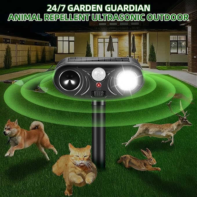 4 Pack Ultrasonic Solar Animal Repellent Outdoor,Sonic Fortress Pro Deer Repellent with Strobe Light, Waterproof Squirrel Cat Repellent Outdoor Rabbit Bird Raccoon Deterrent for Yard Garden Farm