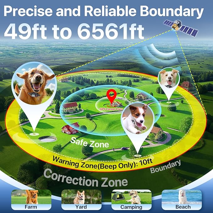 PRTRFLC GPS Wireless Dog Collar Fence System,Invisible Electric Fence for Dogs,Adjustable Range 49-6561ft,3 Training Mode,Rechargeable,Waterproof,Pet Containment System for Outdoor Use (Deep Black)