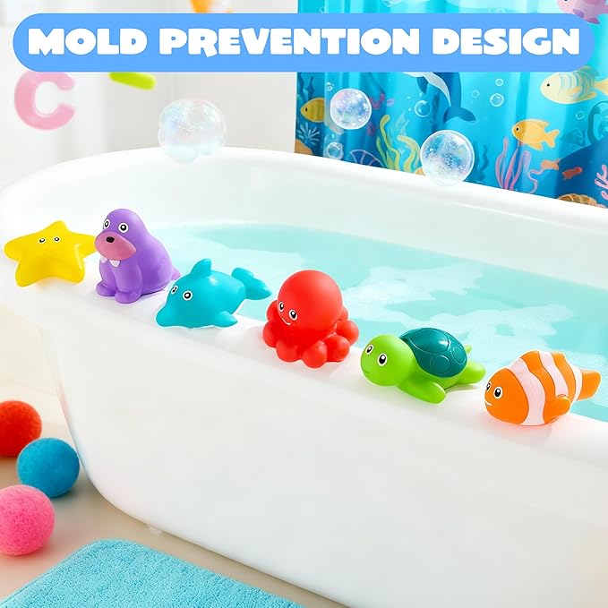 JOYIN 6 Pcs Sea Animal Bath Toys, Sealed & No-Hole & Mold Free Bathtub Toys for Kids, Non-Toxic & Soft Water Vehicles Toys, Squeezable & Float on Water, Bath & Pool Play for Boys and Girls