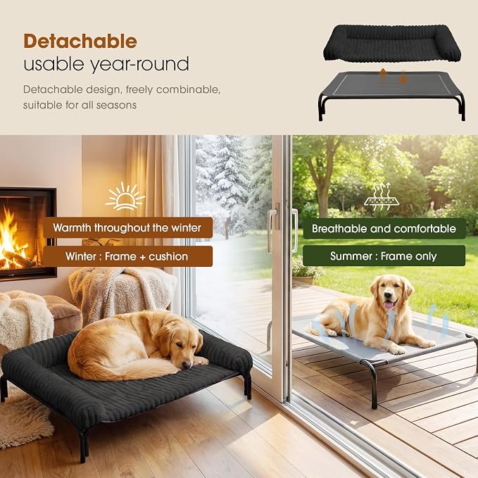 Czpalo Elevated Dog Bed with Removable Bolster Cushion Mat, Raised Pet Cot for Medium Sized Dog with Breathable & Washable Mesh, Indoor & Outdoor Pet Hammock with Skid-Resistant Feet.