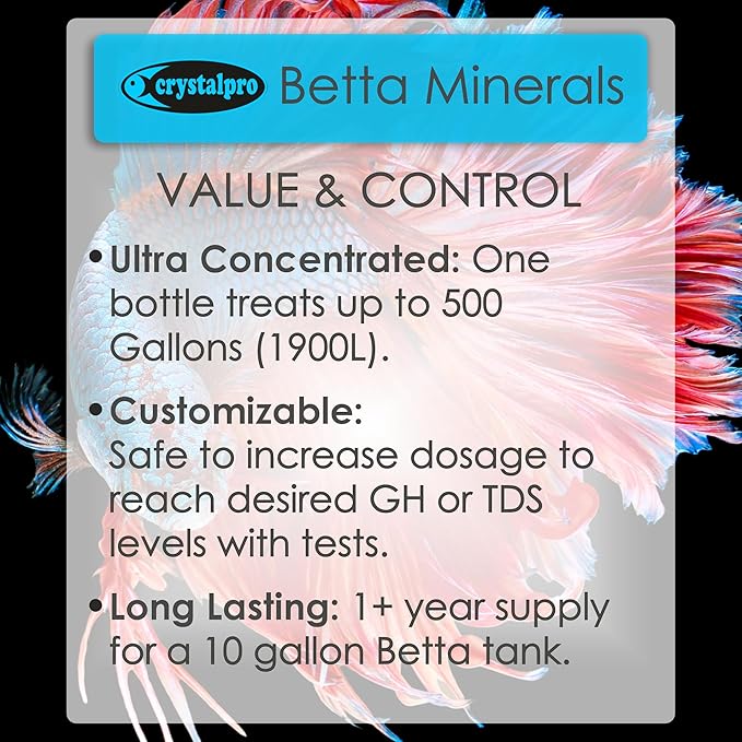 Crystalpro Betta Minerals for Betta Fish Health - Reduces Stress - Boosts Protective Coat - Aquarium Mineralizer (4.2 Oz (125ml))