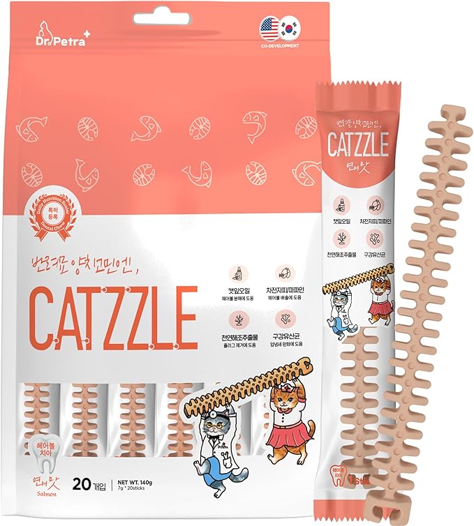 CATZZLE Cat Treats, Dental Chews for Indoor Cats, Cat Teeth Cleaning, Dental Care Snacks - Hairball Control (Salmon Flavor), 20 Sticks (5 oz.)