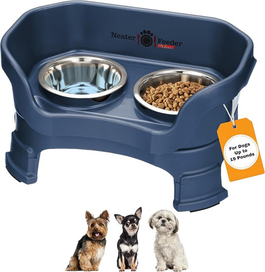 Neater Feeder Deluxe Mess-Proof Elevated Dog Bowls for Small Dogs (Up to 19 lbs), 2 Height Adjustable (6” & 7.5”) No-Spill Raised Dog Bowl Stand, Stainless Steel Food Bowl Set, Made in USA, Dark Blue
