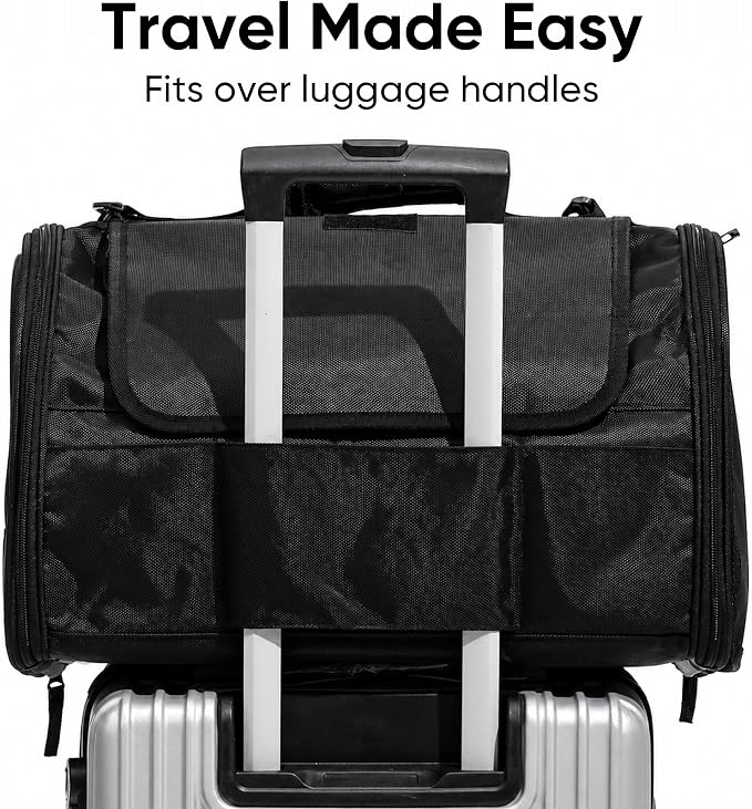 FUKUMARU Cat Carrier, Airline Approved Dog Carrier with Rollable Cover | Breathable Soft Cat Carrier, Multiple Doors & Storage Pockets Cat Travel Bag, Durable Pet Carrier for Cat Under 15 lb, Black