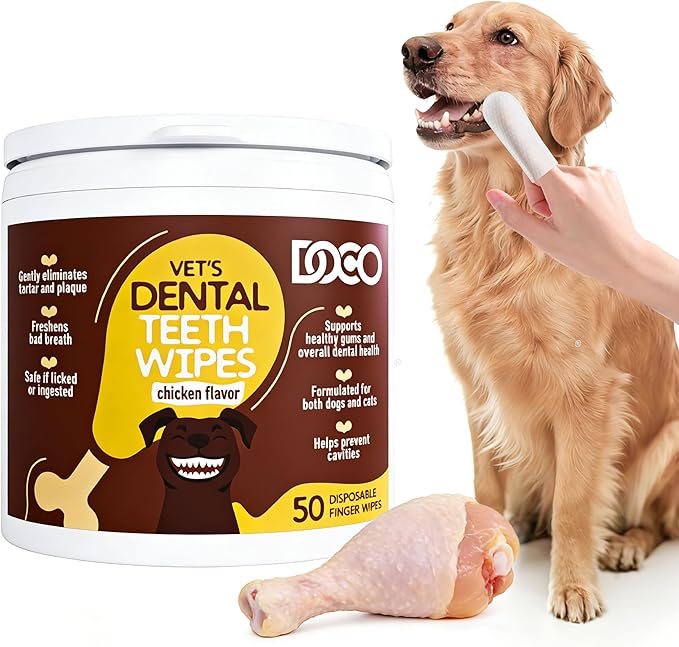 DOCO Pet Dog Teeth Cleaning Wipes – Deodorizing Finger Wipes for Dogs & Cats | Helps Reduce Plaque & Tartar Buildup, Supports Fresh Breath, No Rinse (Chicken, 50 Count)