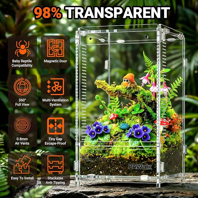Jumping Spider Enclosure, Acrylic Terrarium with with Magnetic Doors, 0.8mm Micro-Ventilation, Stackable Escape-Proof Habitat for Jumping Spiders, Tarantulas & Small Reptiles, 4.7"x4.7"x9"