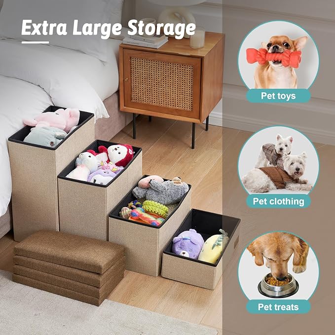 Dog Stairs with Storage, 3-Step Wider Sturdy Dog Steps for Small/Medium/Large Dogs and Older Cats, Folding Doggie Ramp for Bed/Couch/Car Hold Up to 180 lbs (16.7" H, Burgundy)