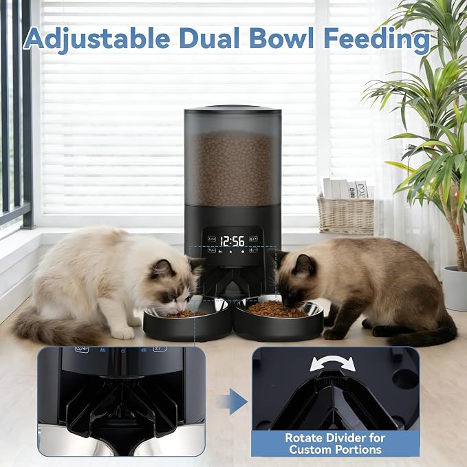 DUMOS 6L Automatic Cat Feeder for 2 Cats, Timed Pet Food Dispenser, Black | 2 Stainless Bowls, 10s Voice Call, Dual Power Supply, 6 Meals Per Day, 50 Portions Per Meal, Dual Pet Feeder for Cat and Dog