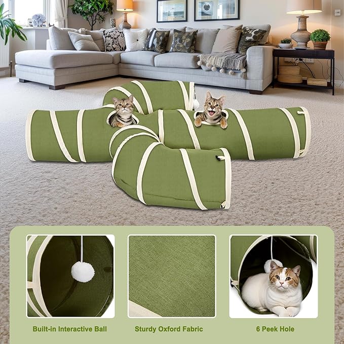 Ownpets Cactus Cat Tunnel 12" with Peek Holes for Indoor Large Cat, Green | Durable Oxford fabric, noise-free, foldable & connectable, multi-cat friendly, tube for cats up to 20lb, includes ball & wand