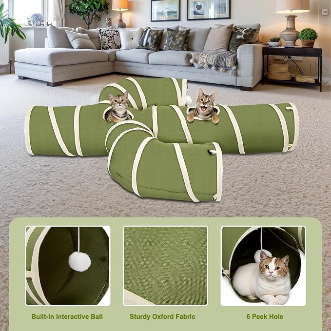 Ownpets Cactus Cat Tunnel 10" with Peek Holes for Indoor Large Cat, Green | Durable Oxford fabric, noise-free, foldable & connectable, multi-cat friendly, tube for cats up to 20lb, includes ball & wand