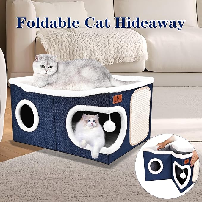 Extra Large Cat Beds for Indoor Cats, Covered Cat Cave Beds & Furniture with Scratch Pad and Fluffy Ball, Foldable Cat Condo Hideaway with Reversible Cushion for Multi Small Pet Large Kittens, Blue