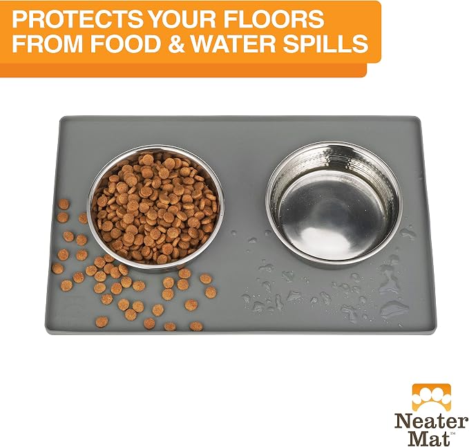Neater Pet Brands Neater Mat Pet Mats for Food and Water, Cat & Dog Bowl Mat Waterproof Silicone, Feeding Tray, Dog Food Mats for Floors, Placemat w/Raised Edge for Under Bowls, 16” x 10”, Grey