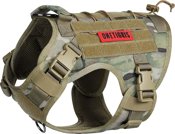 OneTigris Tactical Dog Harness with Handle No-Pull Adjustable for Large Dog | Military 1000D Pullable Nylon, Service Dog Vest with Hook & Loop Panels, Easy On & Off for Walking Hiking Training Camo L