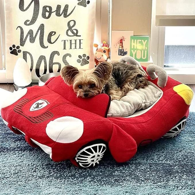 Fun Car Shaped Pet Bed Dog Beds Removable Pillow Washable Pet Bed Cat Beds Fulffy Anti-Slip Pet Sleeping Mat Accessories Indoor and Outdoor Large,Medium,Small Dogs Breeds (Red 2)