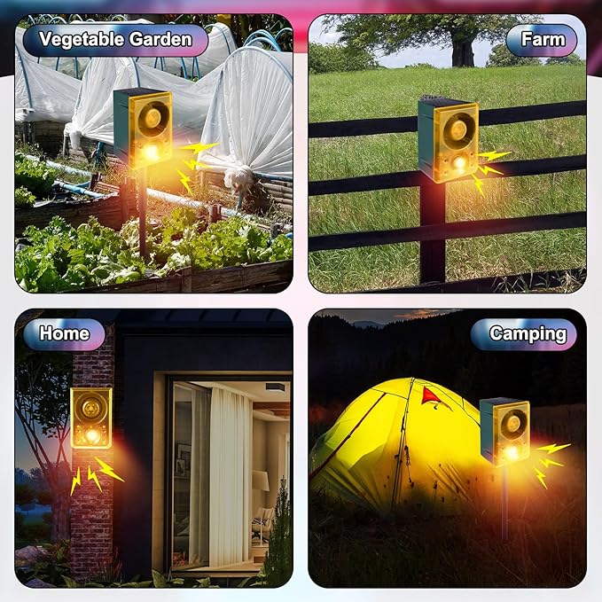 Qualirey Solar Outdoor Motion Sensor Alarm with Stake Gunshot Sound Dog Barking, 3 Modes Support Recording & Adjustable Volume USB Charging 129 dB Loud Noise Maker for Animal Deterrent (8 Pcs,Yellow)