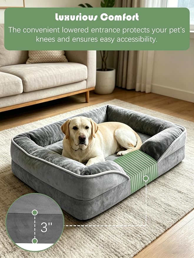 Spotted Play Orthopedic Dog Bed with Sides - Dog Sofa Beds for Extra Large Dogs, Supportive Foam Pet Couch Bed with Washable Removable Cover, Waterproof Lining and Non-Slip Bottom, Grey - XL