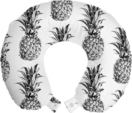 Ambesonne Pineapple Travel Pillow Neck Rest, Hand Drawn Tropical Theme Vintage Style Pineapple Fruit Pattern, Memory Foam Traveling Accessory for Airplane and Car, 12", Black Grey White