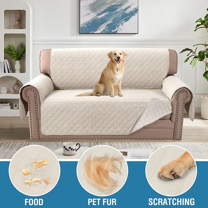 H.VERSAILTEX Couch Slip Cover, Loveseat Covers for 2 Cushion Couch, Dog Sofa Protector, Furniture Covers for Pets, 100% Waterproof Cover with Non-Skid Backing & Elastic Straps(Loveseat, Coconut Milk)