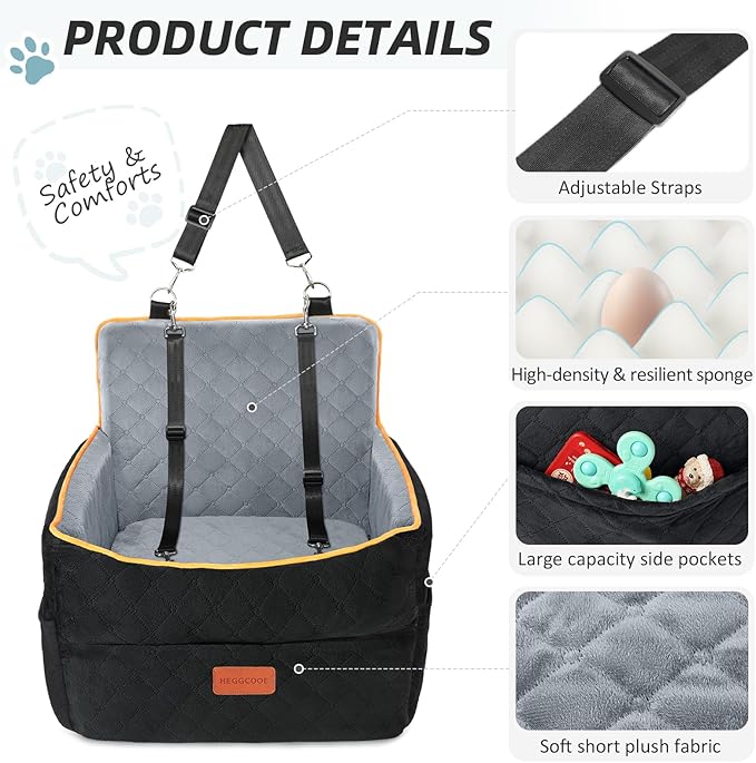 HEGGCOOE Small Dog Car Seat, Memory Foam Dog Booster Seats with Thick Cushion for Medium Dogs Under 35lbs, Detachable Washable Pet Car Seat Bed with Storage Pockets,2 Safety Belts