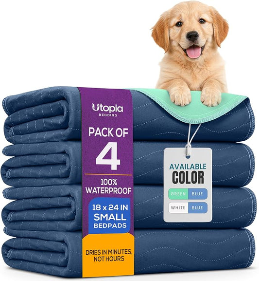 4 Pack Washable Pee Pads for Dogs 18" x 24", Waterproof Dog Training Pads | Reusable Dog Training Pads for Sofa, Incontinence Bed Pads for Adults, Elderly and Kids (Navy,Green) by Utopia Bedding