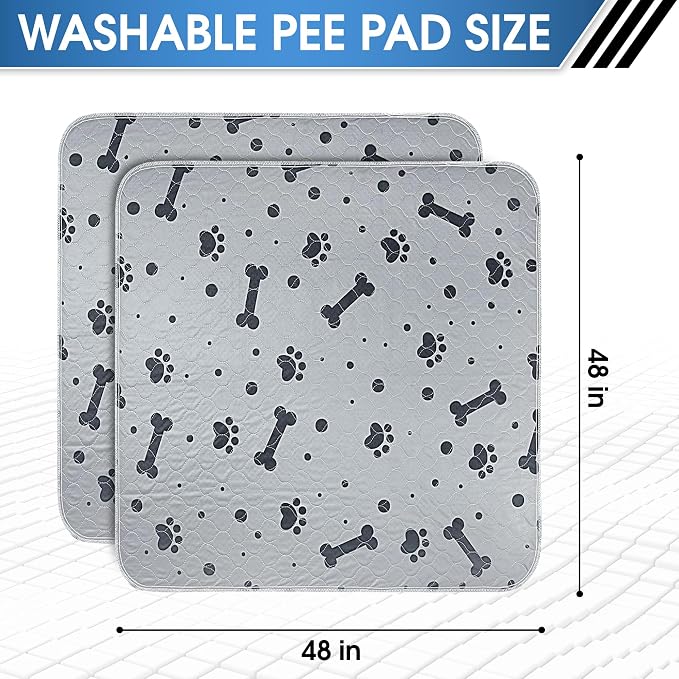 Washable Dog Pee Pads 2 Packs 48’’ x 48’’ Reusable Puppy Pads Waterproof with Non Slip Bottom, Heavy Absorbent Puppy Training Pads for Indoor Use