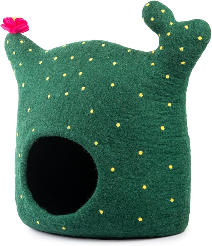 Luxurious Merino Wool Cat Cave - Foldable Hideaway Pod for Indoor Cats - Premium Felt Kitten Pet Enclosure - Covered Cat House for Ultimate Cozy Comfort by Woolygon (Cactus)