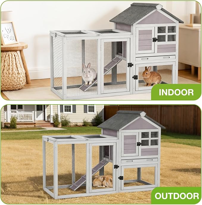 Rabbit Hutch Indoor or Outdoor, Wooden Bunny Cage with Chew-Proof Ramp, Mobile Rabbit House with Wheels, Guinea Pig Cages with Leakproof Tray and Waterproof Roof (Grey)