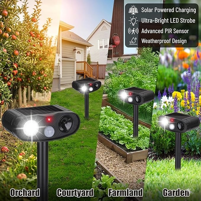 2026 Solar Ultrasonic Cat Repellent, Deer Repellent Devices Outdoor, 4Pack Solar Animal Repeller Motion Detection Cat Squirrel Dog Repellent Deterrent with LED Flash Lights for Yard (Black)