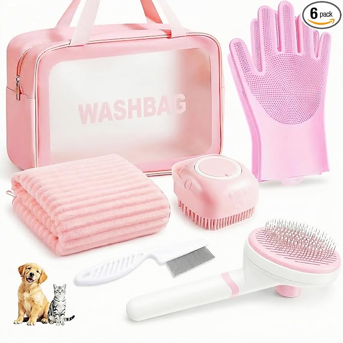 6PCS Dog Bath Kit & Dog Brush Kit for Dogs & Cats - Professional Pet Grooming Tools Set with Shedding Brush, Bath Scrubber, Dematting Comb & Storage Bag - Complete Dog Washing Essentials, Pink