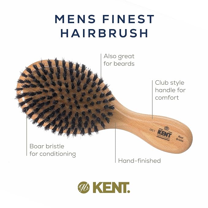 Kent OG1 Finest Men's Hair Brush and Facial Brush for Beard Care - 100% Natural Black Boar Bristle Brushs for Mens Grooming, 360 Wave, and Beard Straightener For Men's Hair Care
