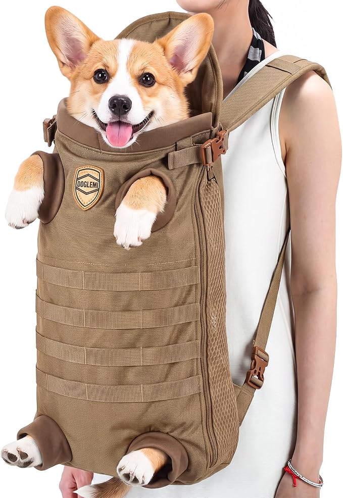 Dog Carrier Tactical Backpack for Medium Large 26-40lbs, Dog Soft Hands-Free Legs Out Pet Cat Front Carrier Backpack Facing Travel Bag for Outdoor Traveling Hiking Camping Bike (Brown)