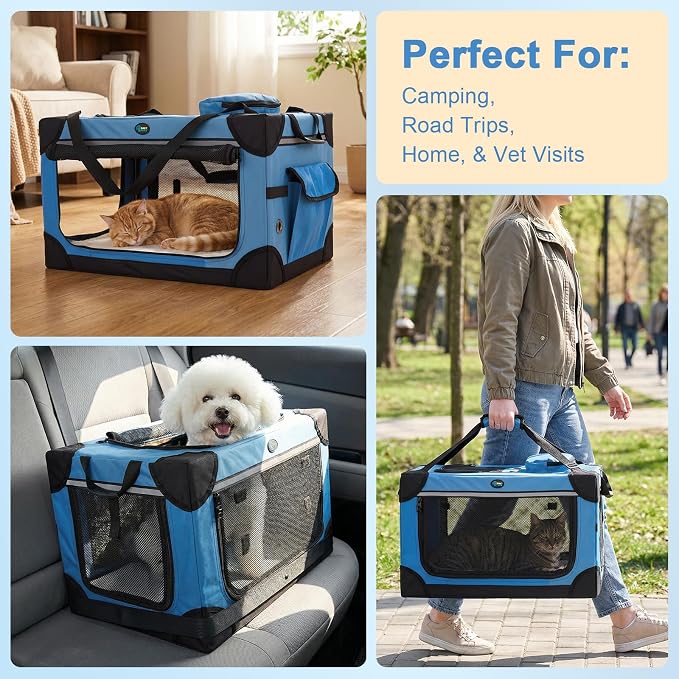 Ownpets Extra Large Cat Carrier for 2 Cats Small Dogs, 24 Inches Collapsible Soft Dog Crate for Car Travel, Portable Pet Carrier with Soft Mat, Blue | Foldable, Portable, 4-Doors, 4-Side Mesh Windows, Steel Frame Oxford Cloth, Soft Cushion Mat, Leash, ...