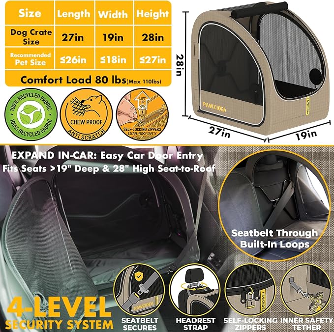 PAWZIDEA Portable Dog Crate for Car Travel, Medium & Large Dogs Up to 80lbs | Enclosed Soft-Sided Dog Car Kennel for Backseat, Secures w/ Seatbelt & Headrest Strap, Collapsible Car Carrier, Chew-Proof