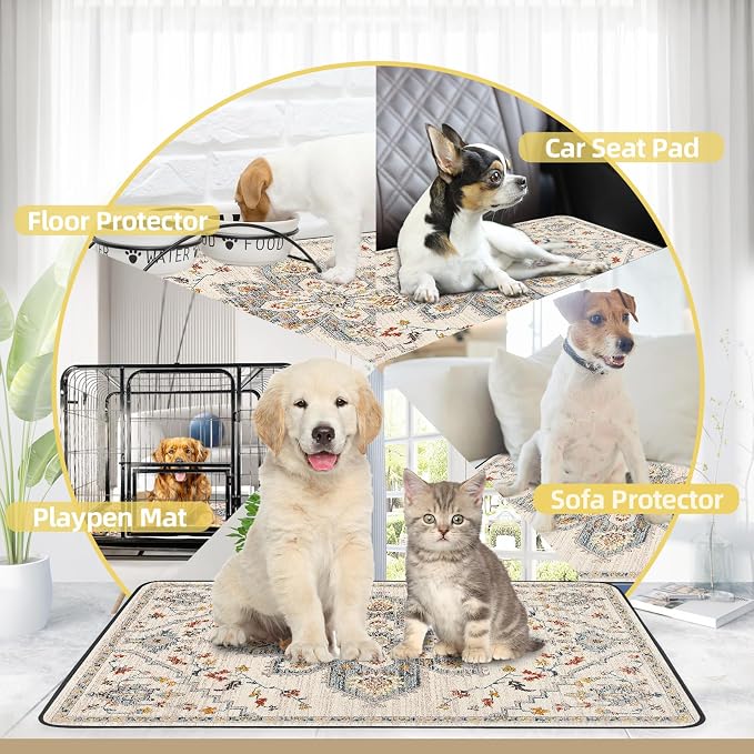 SCLOSE Washable Pee Pad for Dogs 2 Pack, 36" x 36" Reusable Puppy Pads Waterproof Dog Rugs, Super Absorbent, Leakproof, Dog Crate Pad, Playpen Mat, Whelping Pads, White Medallion