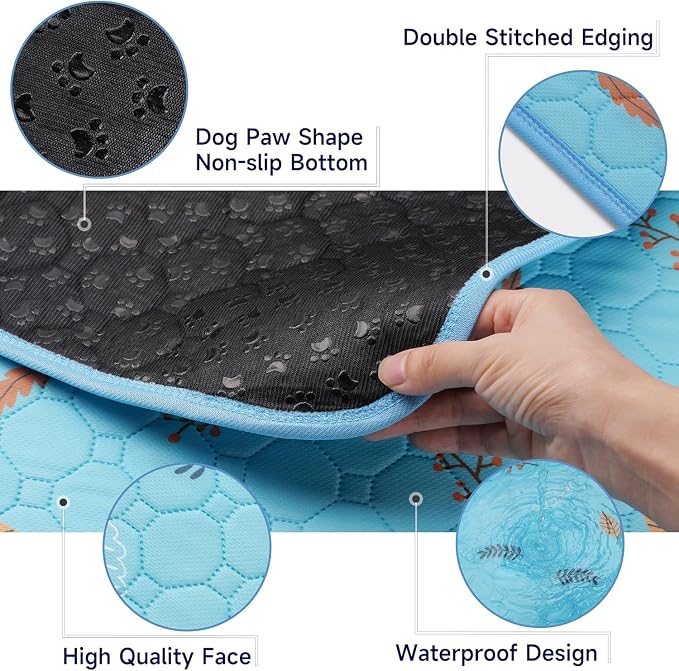 Sunheir Washable Pee Pads for Dogs Large 24" x 72" 2-Pack Reusable Puppy Pads Pet Training Pads, Absorb Dog Mats, Whelping Pad, Non-Slip Protects Against Urine Leakage, Runner Rug (Leaves - Sky Blue)