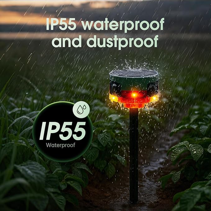 Solar Outdoor Motion Sensor Alarm, 130dB Dog Barking & Gunshot Sound, 13 Sounds, Strobe Light, Support Recording & Volume Control, Keeps Unwanted Animals Away from Yard, Garden, or Farm
