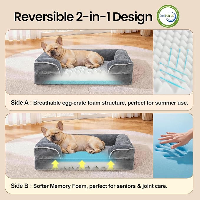 OhGeni Orthopedic Medium Dog Bed Couch Sofa, Memory Foam, 28-inch (Gray) | Waterproof Pet Bed with Machine-Washable Removable Cover & Soft Comfortable Fabric