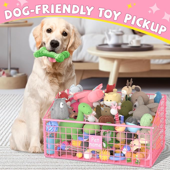 Kaiferty Indestructible Dog Toy basket, Large Toy Bin for Dogs,Pet Toy Bin Dog Metal Basket Organizer Storage for Toys Food Storage (Pink)