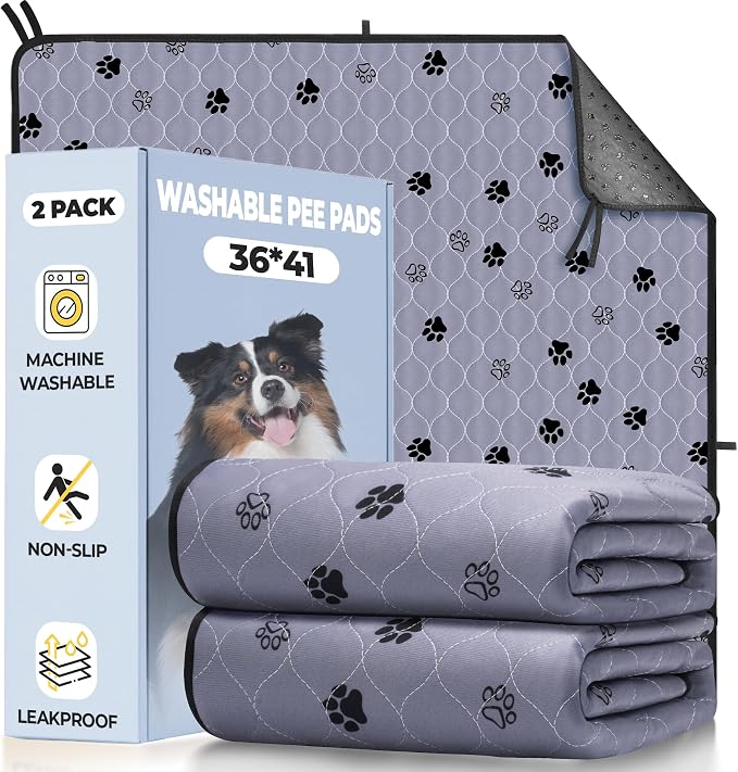 Fostanfly Washable Pee Pads for Dogs, Ultra-Absorbent, 2 Pack 36"x41" Gray | Leak-Proof, Waterproof, Non-Slip, Large Reusable Pee Pads for Puppy Potty Training, Crate and Playpen with 8 Tie Straps