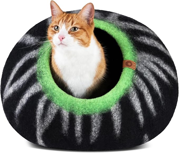 Cat Cave – Premium Felt Cat Bed Enclosure for Indoor Cats, Handmade Merino Wool (Shining Tiger, Medium)