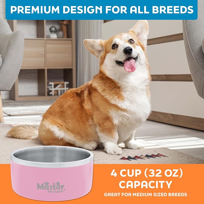 Master Pet Supply Stainless Steel Dog Bowls - 32 oz, Heavy Duty - Rose Quartz, Double Wall Extra-Thick Insulated, Non-Slip Pet Water Bowl for Dogs, Cats & Pets, Anti Rust Metal, Dish Washer Safe